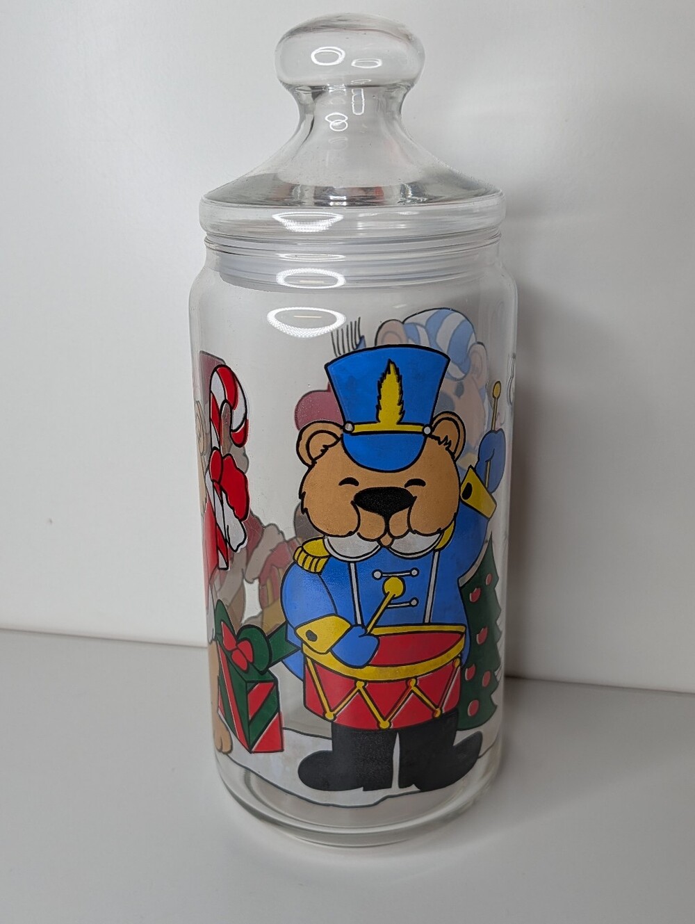 Vintage Christmas Teddy Bear Glass Kitchen Canister Jar.Cookie Jar Or Storage